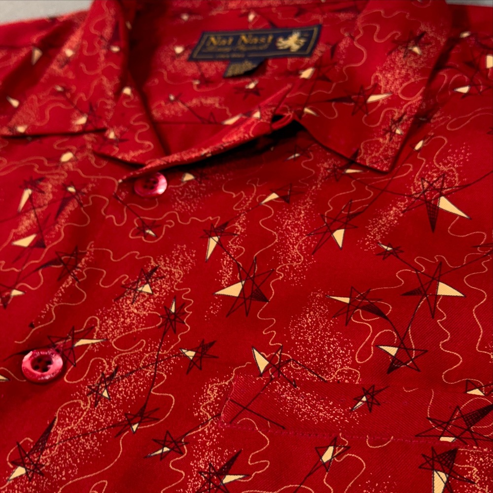 Nat Nast Luxury Originals Red 100% Silk Atomic Starburst Camp Shirt Mens L - Picture 3 of 7